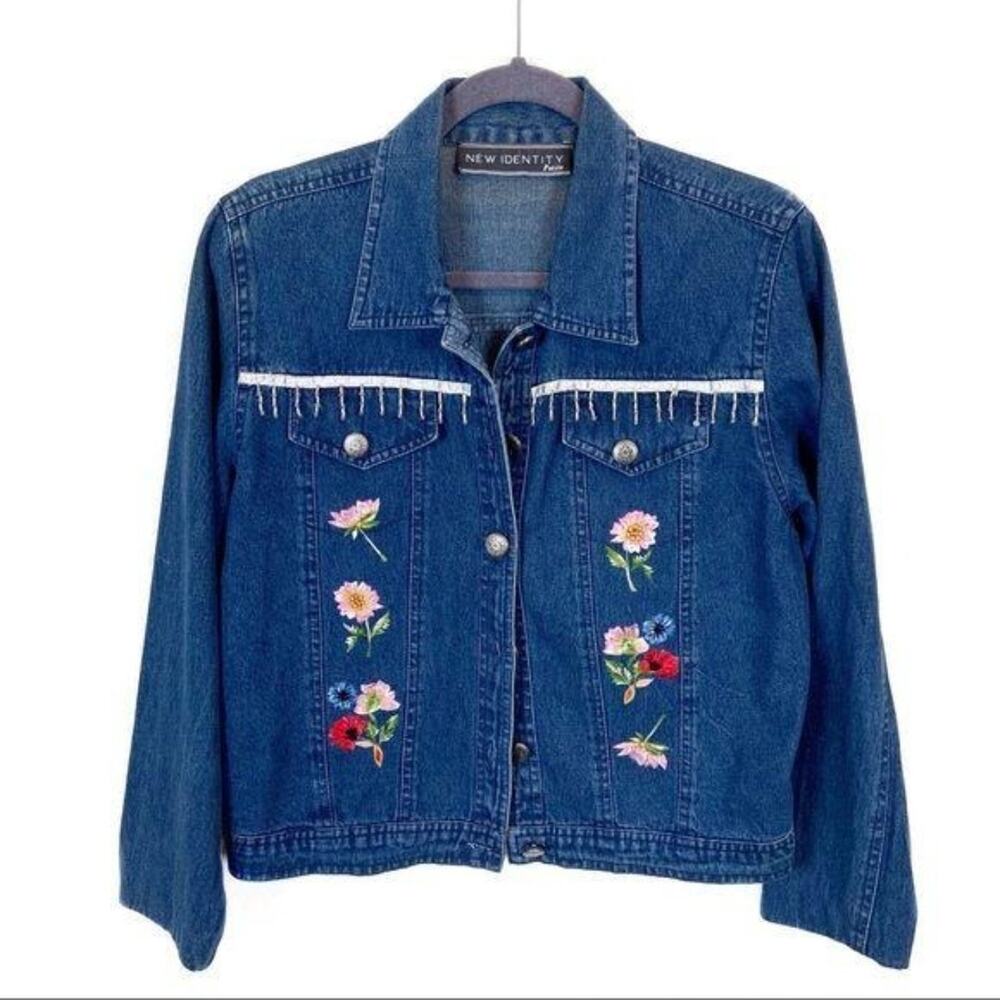 Jean Jacket Floral Embroidered Denim Vintage New Identity Petite Size M Cotton